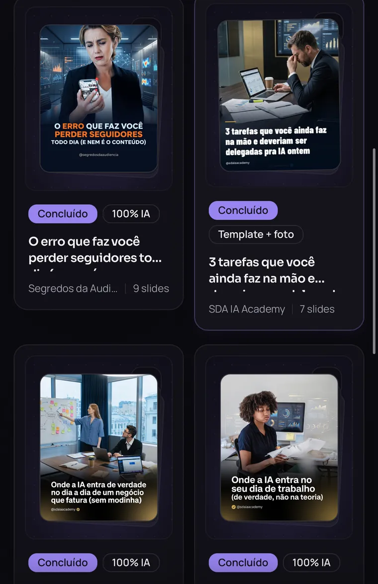 The Carousel Machine dashboard: a gallery of finished carousels, each marked done with its render mode